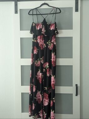 Black Floral Maxi Dress with Pink Rose Print